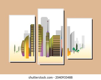 Típtico de pintura modular de paisajes urbanos abstractos coloridos.Ilustración vectorial para el diseño interior, otros. 