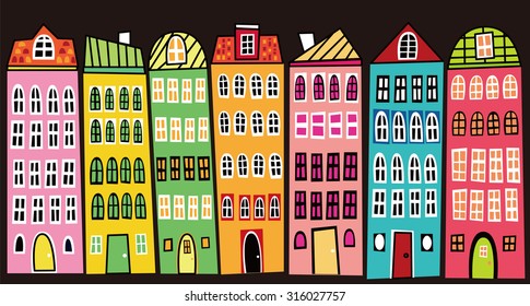 Colorful, abstract cityscape with tall residential buildings on black background.