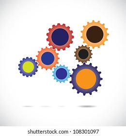 Colorful abstract cogwheels or gears in controlled rotating motion implying balanced & synchronous system. Each cog wheel complements the cogwheels it is associated with & works as a team for balance.