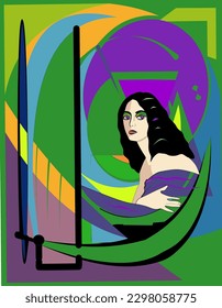 Colorful abstract composition, cubism art style,woman on patterned background