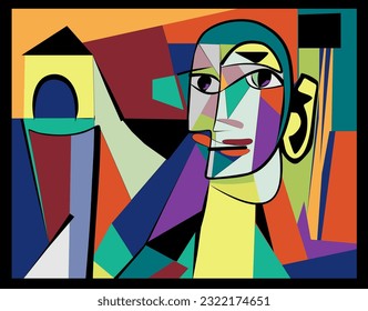 Colorful abstract composition, cubism art style, man on patterned background