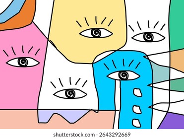 Colorful abstract composition with eye motifs and organic shapes outlined in black, conveying a sense of curiosity or whimsical faces.