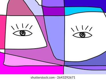 Composição abstrata colorida com motivos oculares e formas orgânicas delineadas em preto, transmitindo um senso de curiosidade ou faces caprichosas.