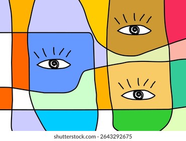 Colorful abstract composition with eye motifs and organic shapes outlined in black, conveying a sense of curiosity or whimsical faces.