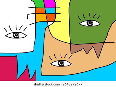 Composição abstrata colorida com motivos oculares e formas orgânicas delineadas em preto, transmitindo um senso de curiosidade ou faces caprichosas.