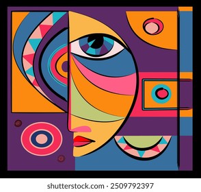 A colorful, abstract composition features geometric shapes  forming a stylized human face. Bold, vibrant colors like orange, blue, and pink dominate the piece, creating a dynamic visual impact