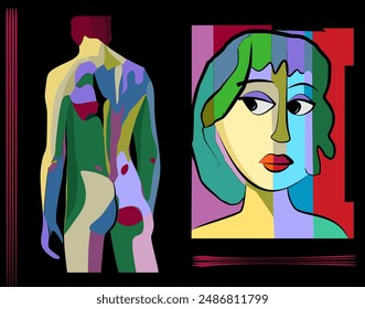 A colorful abstract composition features a stylized human body and a fragmented face with vibrant geometric shapes. Bold lines and contrasting hues create visual interest against a black background.