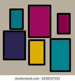 Uma composição abstrata colorida com vários retângulos em tons de azul, magenta, amarelo e azul-petróleo, organizados em um padrão visualmente envolvente com contornos pretos em um plano de fundo claro.