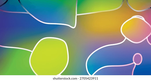 Colorful abstract composition featuring organic shapes with white outlines, set against a vibrant gradient background. The shapes vary in size and color.