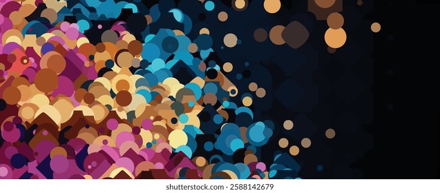 Colorful Abstract Composition of Overlapping Circles and Shapes on Black Background