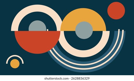 Colorful abstract composition of split circular shapes and lines. Perfect for creative design projects, web backgrounds and modern branding visuals.