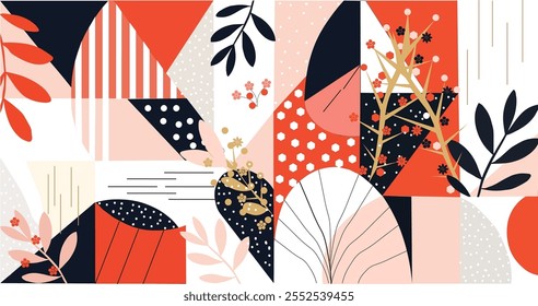 A colorful abstract composition with various geometric shapes, patterns, and floral elements in shades of orange, pink, black, and white