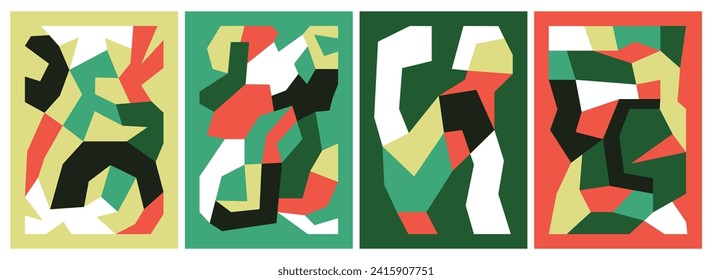 Colorful abstract compositions with angular irregular geometric shapes. Playful flat vector illustrations inspired by aesthetics of paper cutouts and collage. Artworks for card, poster or cover.