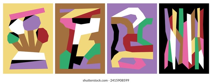 Colorful abstract compositions with angular irregular geometric shapes. Playful flat vector illustrations inspired by aesthetics of paper cutouts and collage. Artworks for card, poster or cover.