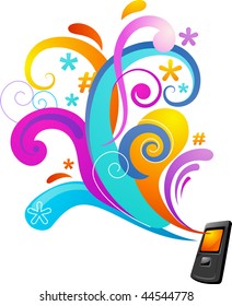 fondo de concepto colorido abstracto con un teléfono móvil y muchos elementos de diseño