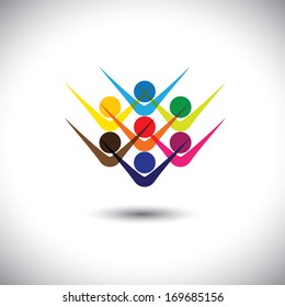 Colorful abstract concept vector happy excited people or children. This graphic illustration can also represent happy employees & staff, kids playing, elated friends, people partying, etc