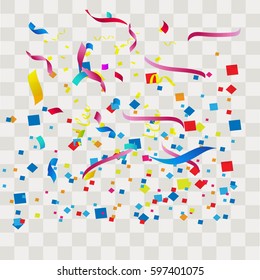 Colorful abstract confetti. Vector festive illustration of falling shiny confetti isolated on transparent checkered background. Holiday decorative tinsel element for design