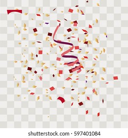 Colorful abstract confetti. Vector festive illustration of falling shiny confetti isolated on transparent checkered background. Holiday decorative tinsel element for design