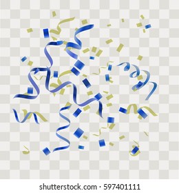 Colorful abstract confetti. Vector festive illustration of falling shiny confetti isolated on transparent checkered background. Holiday decorative tinsel element for design