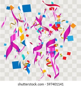 Colorful abstract confetti. Vector festive illustration of falling shiny confetti isolated on transparent checkered background. Holiday decorative tinsel element for design