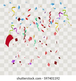 Colorful abstract confetti. Vector festive illustration of falling shiny confetti isolated on transparent checkered background. Holiday decorative tinsel element for design