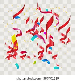 Colorful abstract confetti. Vector festive illustration of falling shiny confetti isolated on transparent checkered background. Holiday decorative tinsel element for design