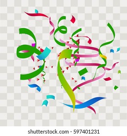 Colorful abstract confetti. Vector festive illustration of falling shiny confetti isolated on transparent checkered background. Holiday decorative tinsel element for design