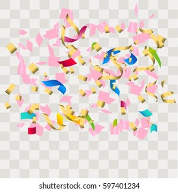 Colorful abstract confetti. Vector festive illustration of falling shiny confetti isolated on transparent checkered background. Holiday decorative tinsel element for design