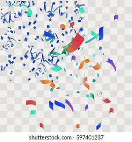 Colorful abstract confetti. Vector festive illustration of falling shiny confetti isolated on transparent checkered background. Holiday decorative tinsel element for design