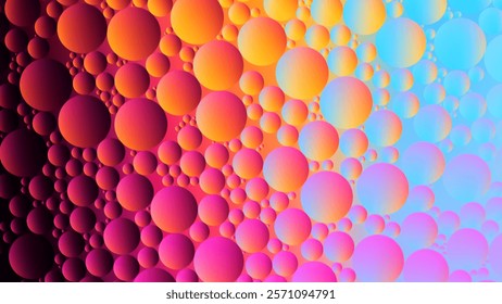 Colorful abstract creative background of macro view with transparent oil droplets circle pattern on gradient background. Close-up vibrant artistic oil bubbles on water surface. Vector illustration