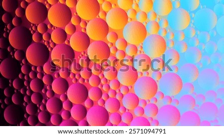 Colorful abstract creative background of macro view with transparent oil droplets circle pattern on gradient background. Close-up vibrant artistic oil bubbles on water surface. Vector illustration
