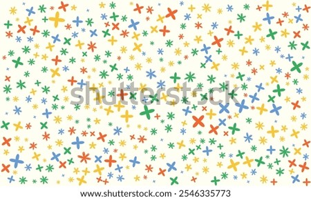 Colorful Abstract Crosses and Asterisks Pattern. Playful Design with Blue, Green, Yellow, and Red Elements on a Light Background. Perfect for Modern Decor, Stationery, and Textiles