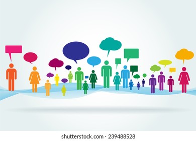 Colorful abstract crowd with speech bubbles standing on an abstract background.
