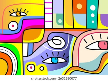 Colorful abstract cubism faces artwork featuring expressive eyes, geometric shapes, and modern decorative lines.