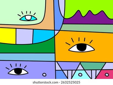Colorful abstract cubism faces artwork featuring expressive eyes, geometric shapes, and modern decorative lines.