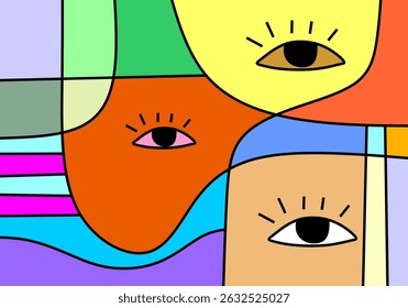 Colorful abstract cubism faces artwork featuring expressive eyes, geometric shapes, and modern decorative lines.