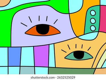 Colorful abstract cubism faces artwork featuring expressive eyes, geometric shapes, and modern decorative lines.