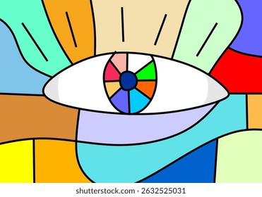 Colorful abstract cubism faces artwork featuring expressive eyes, geometric shapes, and modern decorative lines.
