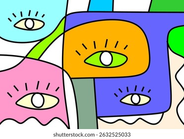 Colorful abstract cubism faces artwork featuring expressive eyes, geometric shapes, and modern decorative lines.