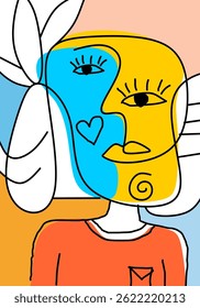 Colorful abstract cubism-style portrait illustration featuring multiple eyes, expressive shapes, and bold lines. 