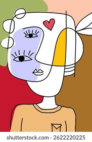 Colorful abstract cubism-style portrait illustration featuring multiple eyes, expressive shapes, and bold lines. 