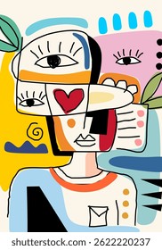 Colorful abstract cubism-style portrait illustration featuring multiple eyes, expressive shapes, and bold lines. 
