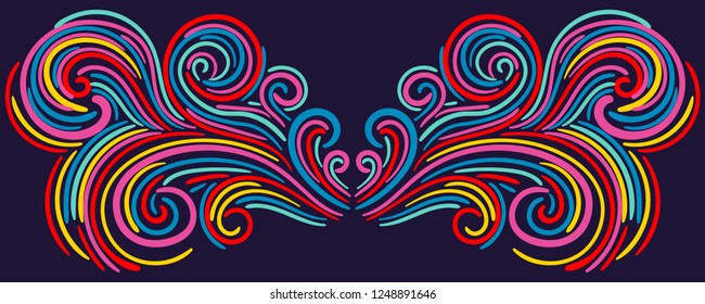 Colorful abstract curly element for design, swirl, curl. Divider, frame isolated on dark background. Vector illustration.
