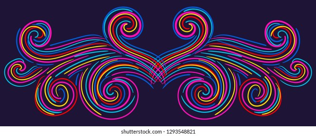 Colorful abstract curly element for design, swirl, curl. Divider, frame isolated on dark background. Vector illustration.