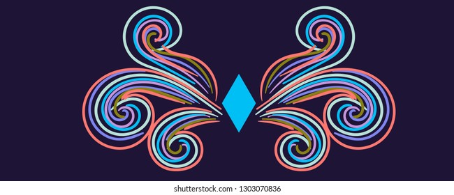 Colorful abstract curly element for design, swirl, curl. Divider, frame isolated on dark background. Vector illustration.