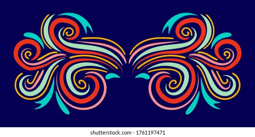 Colorful abstract curly element for design, swirl, curl. Divider, frame isolated on dark background. Vector illustration.