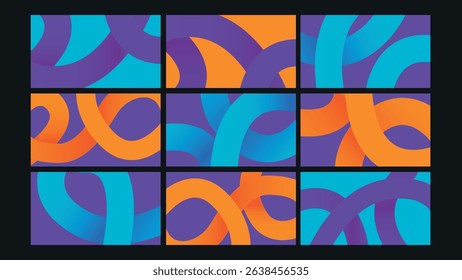 Colorful abstract curly line compositions on vibrant backgrounds, ideal for graphic design, creative branding, or digital art content.