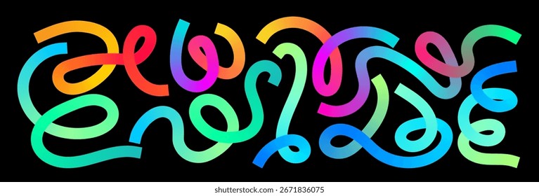 Colorful abstract curved lines create a playful flowing pattern, blending gradients smoothly; ideal for modern backgrounds, creative branding, or festive event designs.
