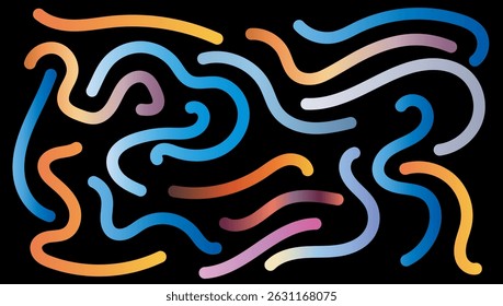 Colorful abstract curved lines on a black background. The gradient strokes create a dynamic and modern art composition, ideal for digital or graphic design.