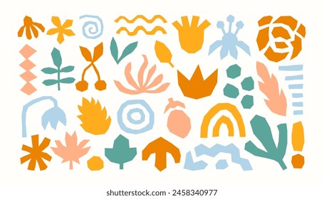 Colorful abstract cut out shapes set. Modern minimal design elements collection for collage. Simple childish geometrical paper pieces leaf flower silhouette. Vector illustration